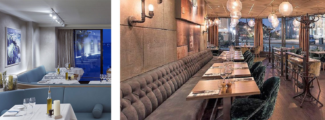 One image of banquette seating running along a restaurant wall and another where it curves around the restaurant.