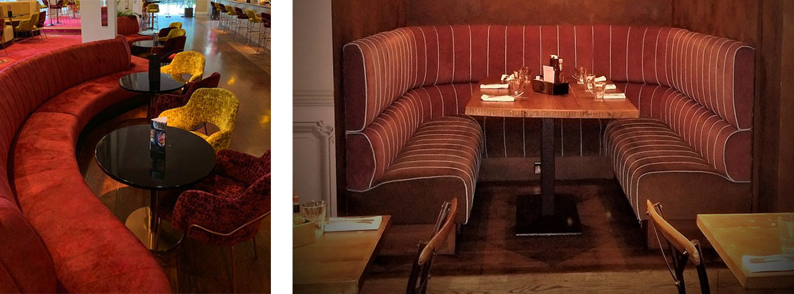 Two images of banquette seating, one in a cosy booth, another in a long curved shape near low tables and chairs