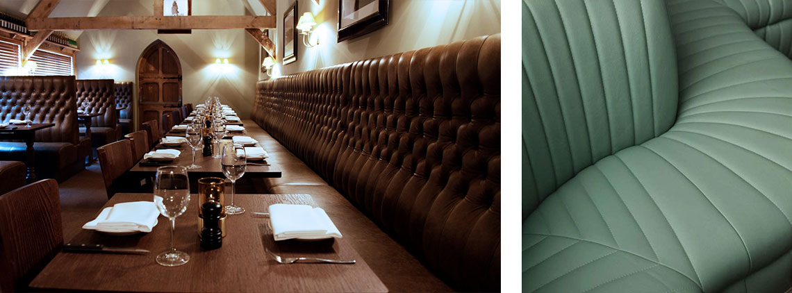 One image of tall, shiny banquette seating, another image close up of a different banquette seating material.